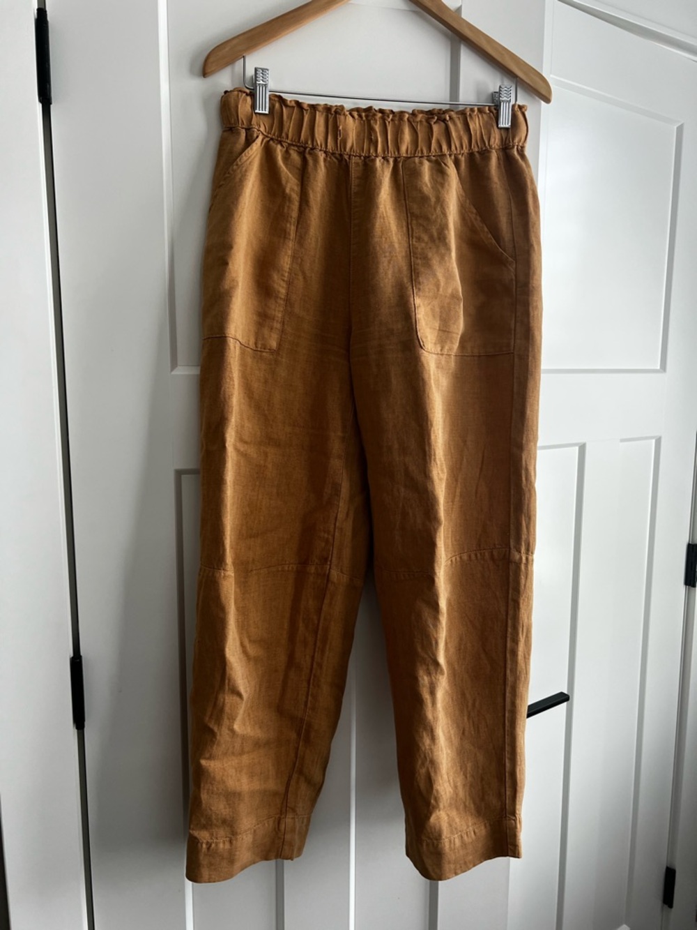 Casual Elastic-Waist Linen Pants - Brown